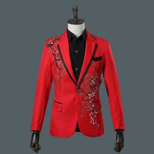 Herren Pailletten bestickt Applikation Anzug Jacke Hose Abendessen Hochzeit Abschlussball Kleid YM0 - Bild 5 von 14