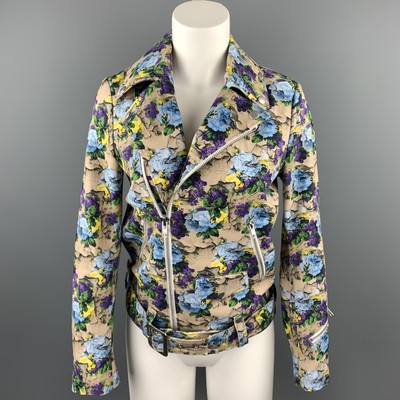 MSGM Size 4 Khaki Purple Floral Cotton Biker Jacket