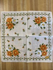 VTG ORANGE FLORAL HANKIE HANDKERCHIEF-12  X 12  