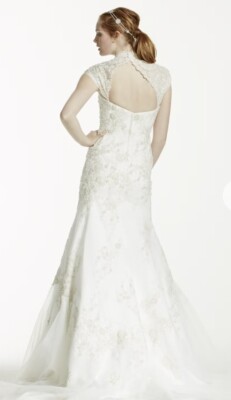 David's Bridal Gown Dress WG3640 Lace & Satin Train CapSleeve Trumpet SZ 10  NWT | eBay