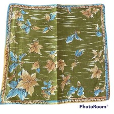 Vintage Hanky Handkerchief Leaves Blue Green Beige Hand Rolled Hem