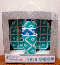 Dinner Set 8pc Picnic Camp Beach Poolside~4 Plates+ 4 Tumblers~Teal/Blue     211