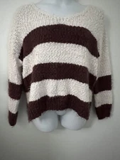 MIRACLE USA WOMEN'S Eyelash Soft Fuzzy V Neck Sweater Plum Cream Stripe Medium L