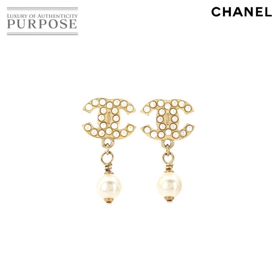 Chanel Earrings Women 09V Coco Mark Pearl Swing Gold Authentic Rare W/Box