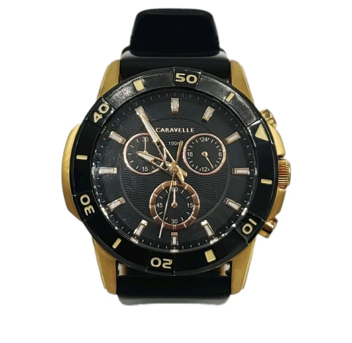 Caravelle Mens Chronograph Watch 48mm Rose Gold Black Dial Silicone Strap Bulova