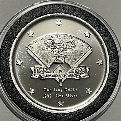 1983 Los Angeles Dodgers 25th Anniversary Coin 1 Troy Oz .999 Fine