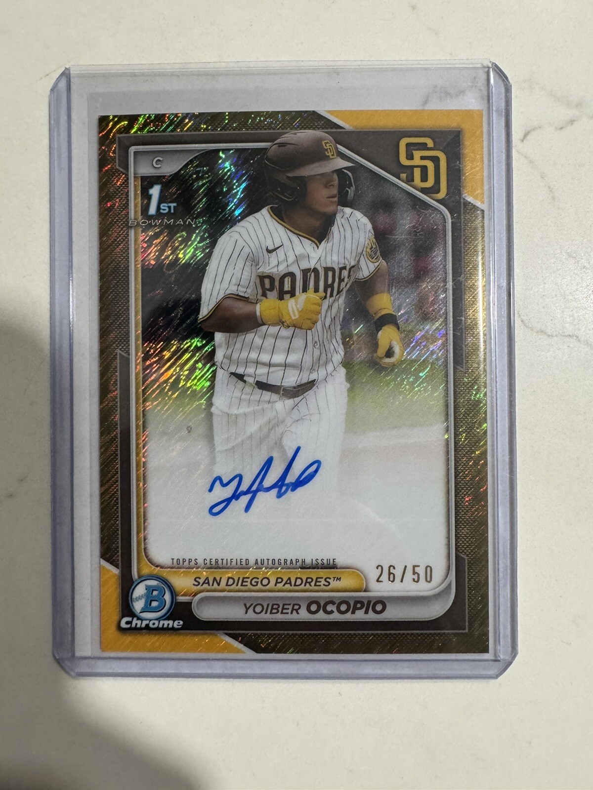 Yoiber Ocopio 2024 Bowman Chrome 1st Auto Gold Shimmer Refractor /50 Padres