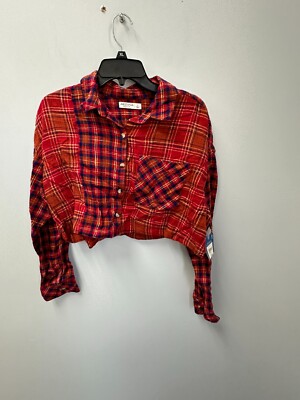 Arizona Red Plaid Patchwork Cropped Long Sleeve Flannel Shirt Sz