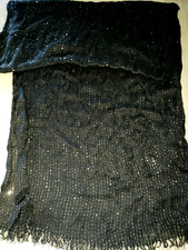 womens LONG WIDE SOLID BLACK SCARF LOADED IN SEQUINS 80 X 26 INCHES