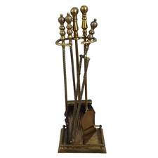 Vintage Mixed Brass Fireplace Tool Set and Stand 6 pc