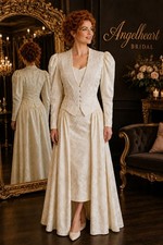 Vintage Ivory Jacquard Wedding Dress 2 Pc Lace Pearl Buttons Victorian Bridal