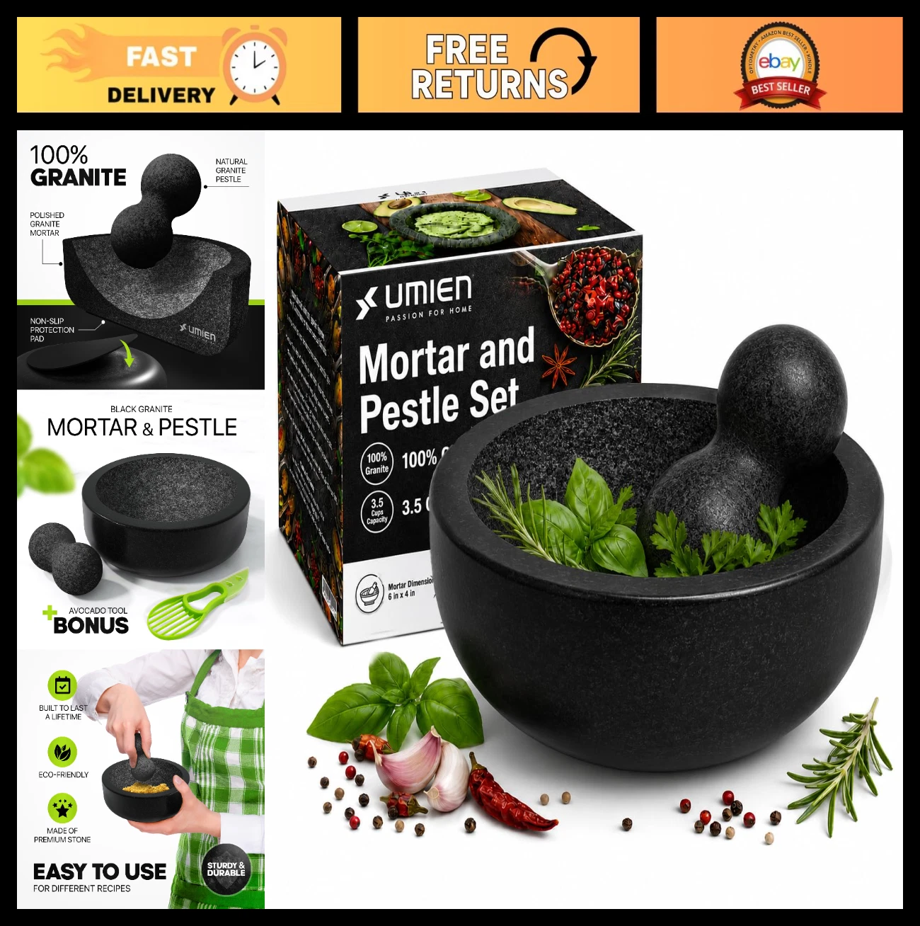 Granite Mortar and Pestle Set - 8" Natural Stone Bowl for Spices, Herbs & Guacam