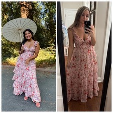 Mac Duggal Pink Ruffled Gown Floral Pink Maxi Dress Size 6