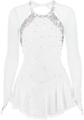 Girls Figure Skating Competition Dress, Gymnastics,White W/Rhinestones Medium