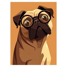 Pug with Glasses Illustration Poster Quirky Dog Wall Art Home Decor