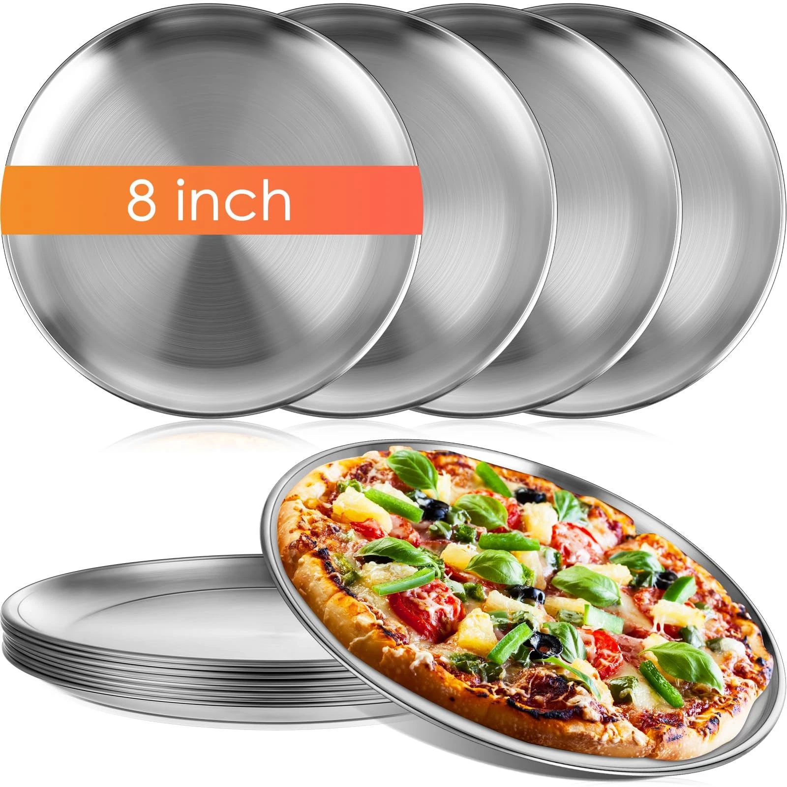 8 PCS 8 Inch Pizza Pans Bulk Stainless Steel Round Bakeware Trays Silver