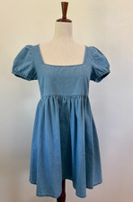 LULU's Blue Chambray Puff Sleeve Babydoll Dress | Size S | Seam Flaw