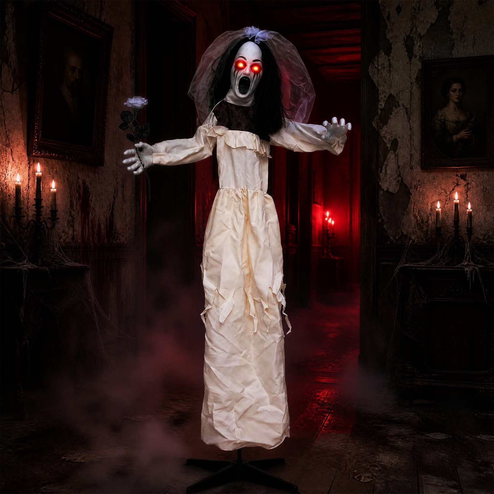 5.7 FT Halloween Standing Animatronic Bride with Glowing Red Eyes