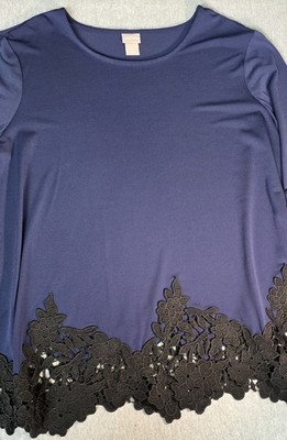 Chicos Shirt Womens 3 Plus Blue Black Lace Stretch Blouse Casual Ladies