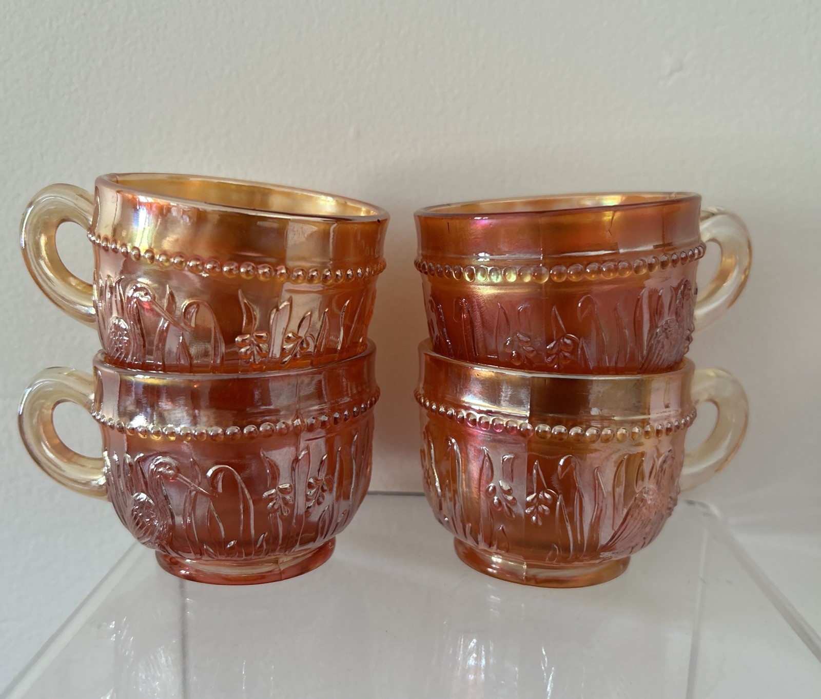 Dugan Stork and Rushes - Marigold Carnival Glass Punch Cups - Set of 4 - Antique