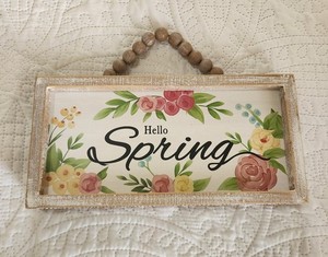 Floral Spring Wood Hanging Decorative Sign, Rectangle, White Pink Green
