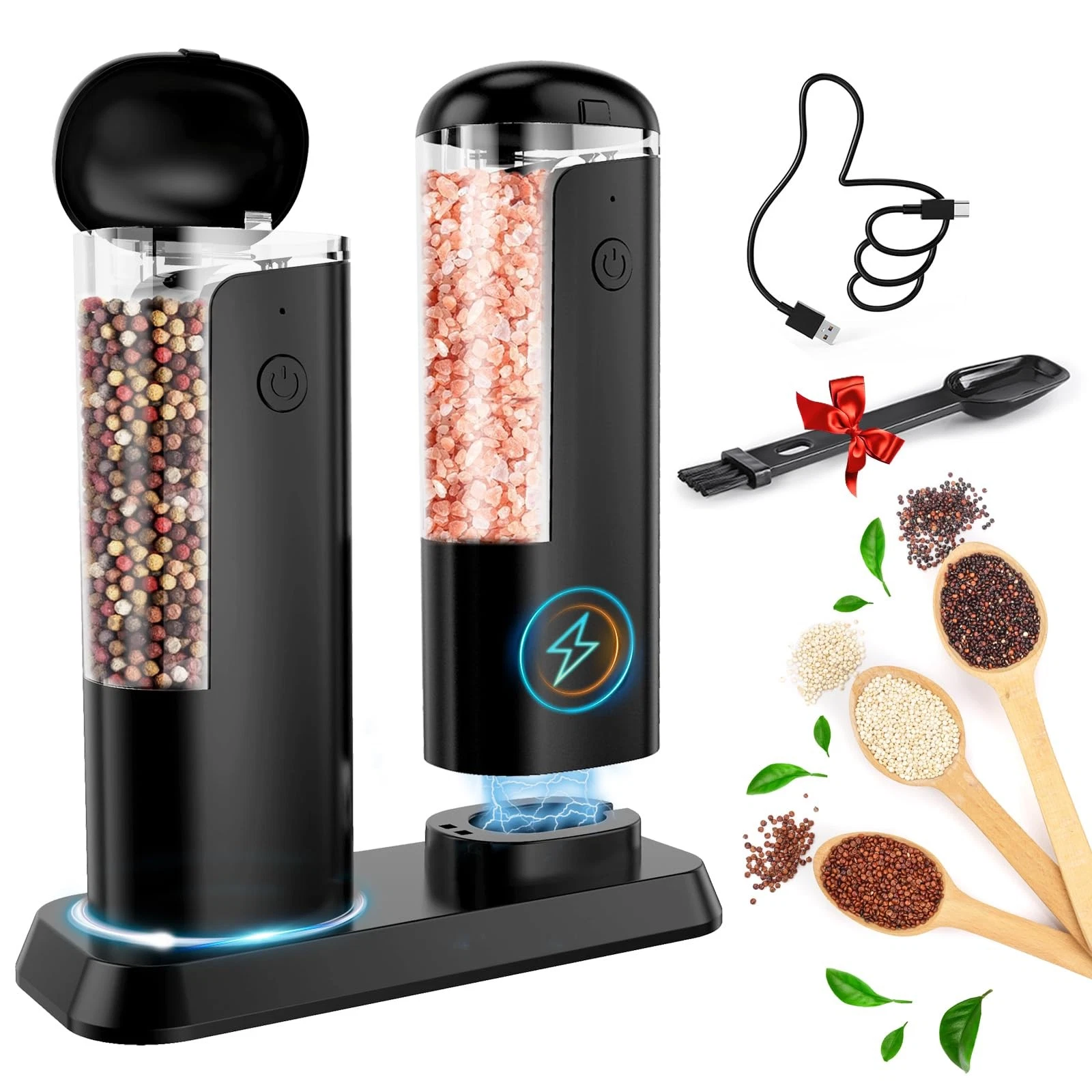 Electric Salt and Pepper Grinder Set: Rechargeable Salt and Pepper Shakers Se...