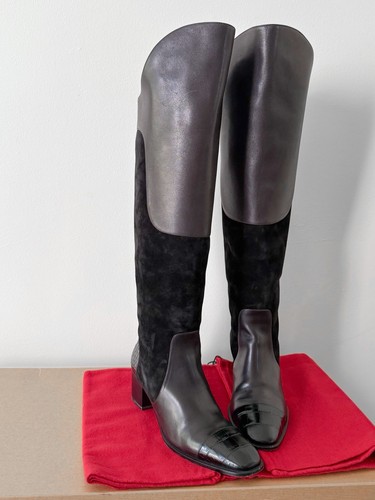 Christian Louboutin Mosaica 55 Black Suede & Leather Knee-High Boots Size 40