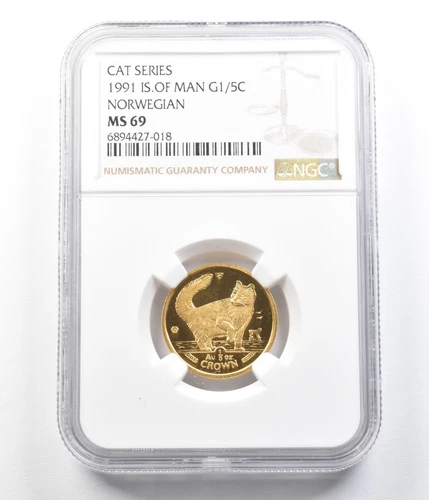 1991 Isle Of Man 1/5 Crown Gold Cat Series Norwegian MS69 NGC *4445