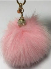 MICHAEL KORS DYED  PINK FOX FUR POM POM WITH CRYSTAL BALL BAG CHARM KEYCHAIN
