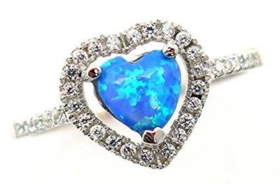 Blue Fire Opal Heart Ring Sterling Silver Halo Solitaire CZ Womens