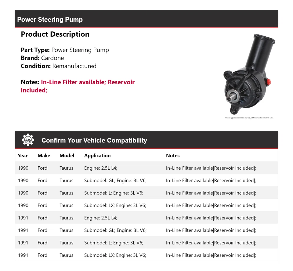 Bomba de dirección asistida Cardone para Ford Taurus 1990-1991 Foto 2 de 4
