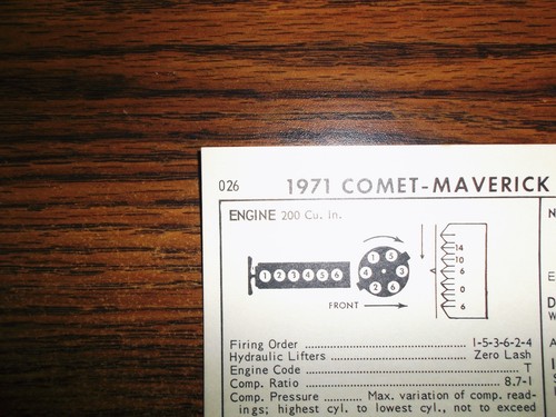 1971 Ford Maverick & Mercury Comet SIX Series Models 200 CI L6 Tune Up Chart