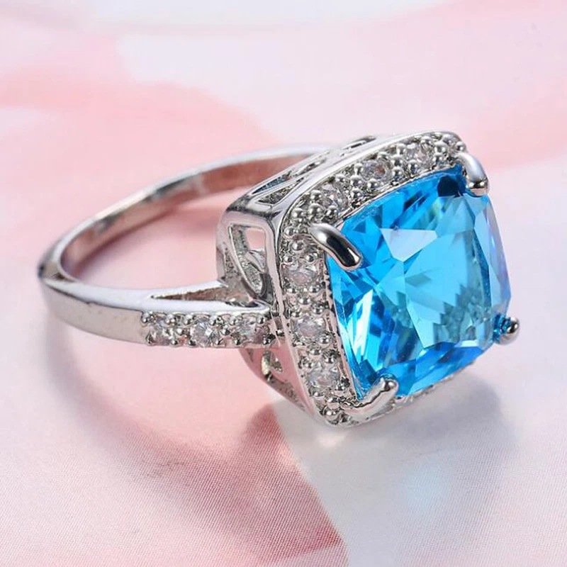 Huge Square Titanic Ocean Blue Topaz Zircone Silver Woman Wedding Ring Sz 6-10 - Image 2 of 4