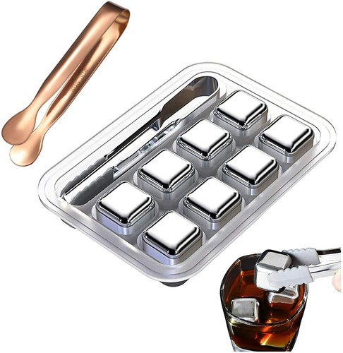 Reusable Whiskey Stones Gift Set 8 Stainless Steel Ice Cubes with 2 Tongs Gift - Picture 9 of 10