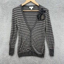 Ann Taylor Loft Striped Knit Cardigan Wool Blend Beaded Bow Buttons XS Petite