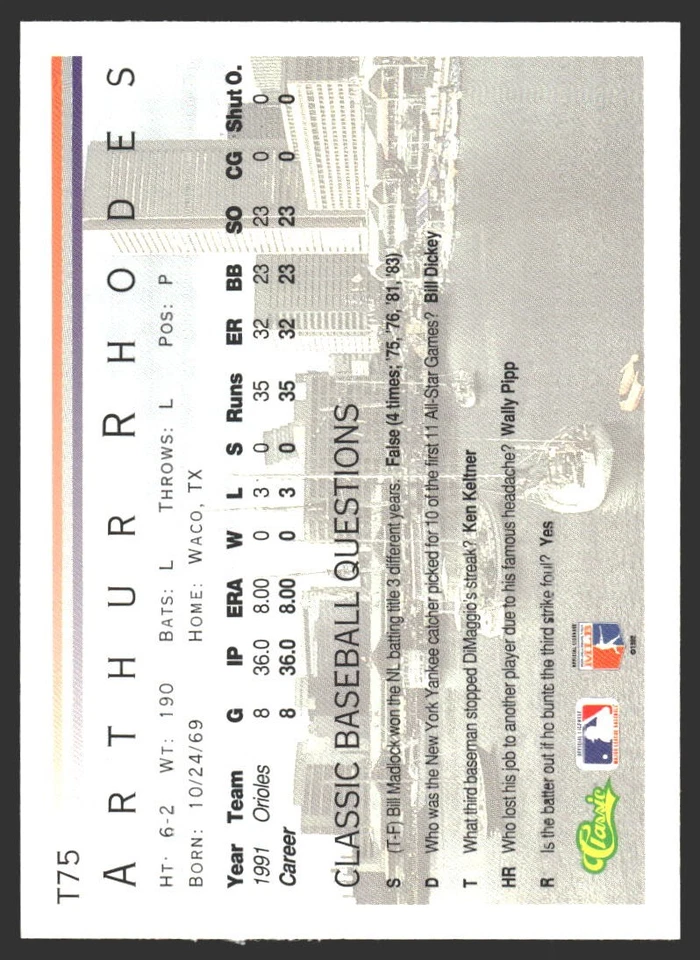 Arthur Rhodes #T75 1992 Classic I Baltimore Orioles - Image 2 of 2