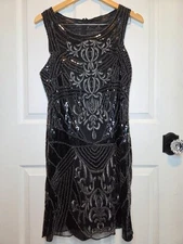 Emma Street Sequin Beaded Black Dress 6 Art Deco Flapper 20s Glam Retro Cocktail