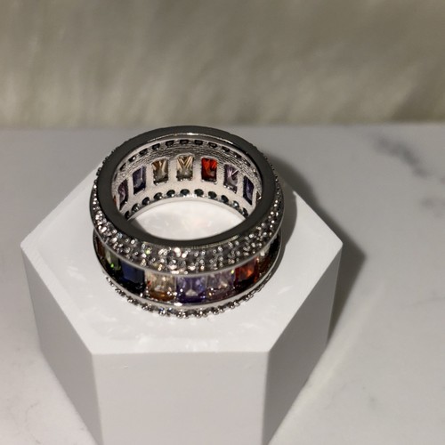 NEW Silver Rainbow Semi Precious Gemstone Band Ring Size 5.5 - Picture 7 of 7