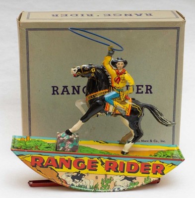 RARE VINTAGE 1960s MARX WIND UP TIN RANGE RIDER COWBOY BOXED