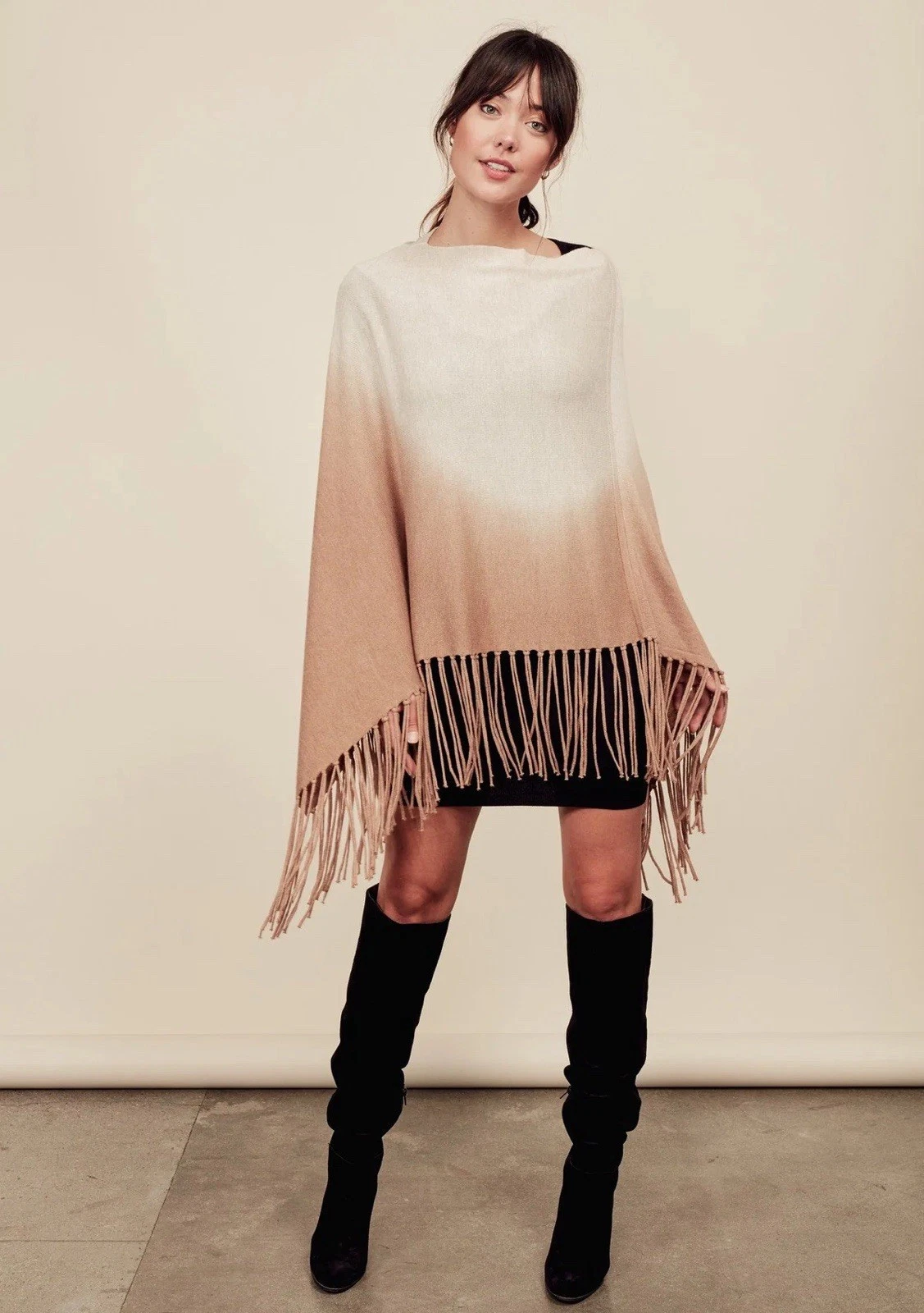 Lovestitch brown ombré fringe tassel boho chic poncho One Size