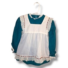 Vintage 70s Girls Baby Toddler Pinafore Dress Green Velvet Red Heart Ruffles