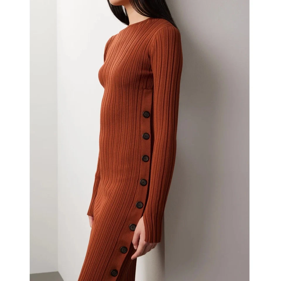 Vestido Adam Lippes Mujer Mediano Naranja Botón Lateral Midi Suéter Tejido Acanalado Foto 4 de 4