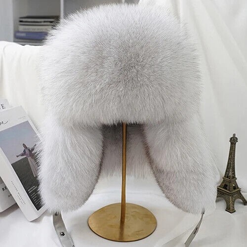 Real Silver Fox Farm Fur Bomber Hat Ushanka Cap Man Ski Hats C4  Real Leather T5