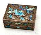 MINIATURE ANTIQUE CHINESE CLOISIONNE & COPPER BOX WITH HINGED LID