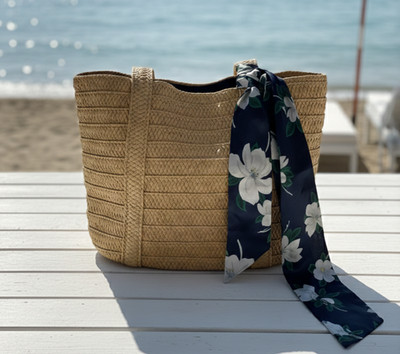 Draper James Removable Floral Scarf Straw Tote Shoulder Bag Women's Tan