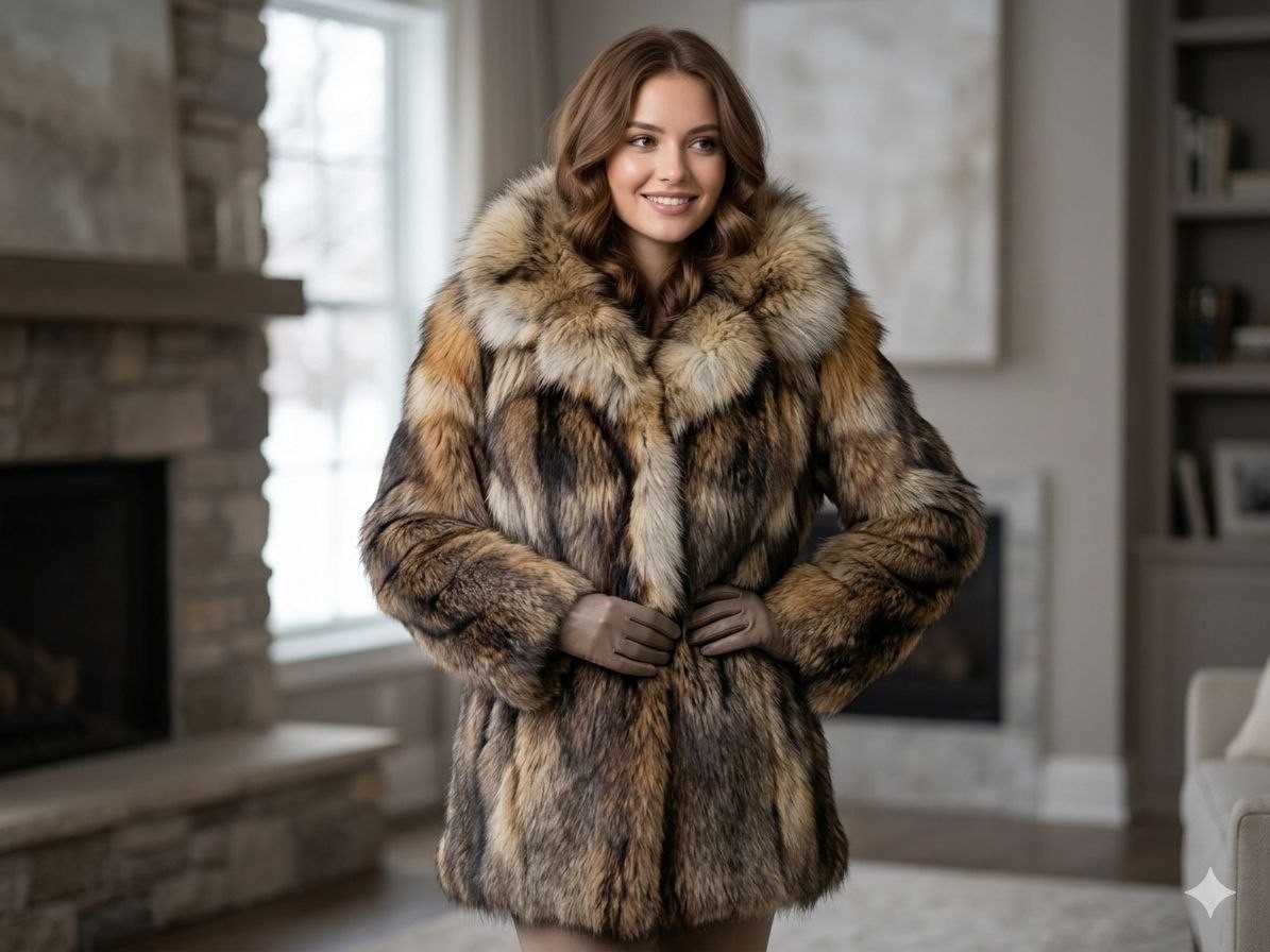 luxurious women's fur coat made of natural coyote fur, size S