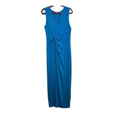 Chaps Dress Blue Surpliced Jersey Knit Maxi Knot Detail Size 14 Wedding Guest