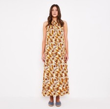 CocoVeve Lullah Halter Maxi Dress Tropical Print Open Back Burnt Orange Brown S