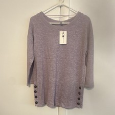 Cable Gauge Purple Knit Crew Neck 3/4 Sleeve Pullover Sweater, Buttons