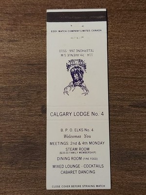 Vtg. B.P.O.E. Elks No. 4, Calgary, Alberta Matchcover (E4)